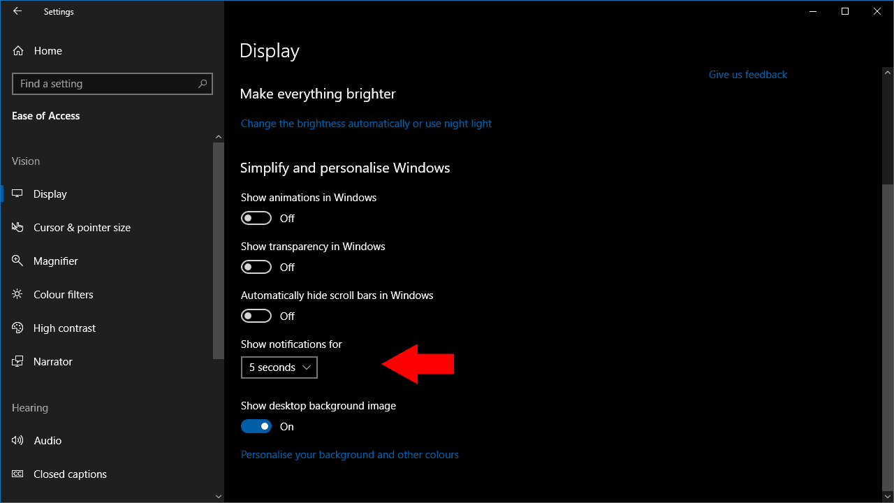 Captura de pantalla para cambiar el tiempo de espera de las notificaciones de Windows 10