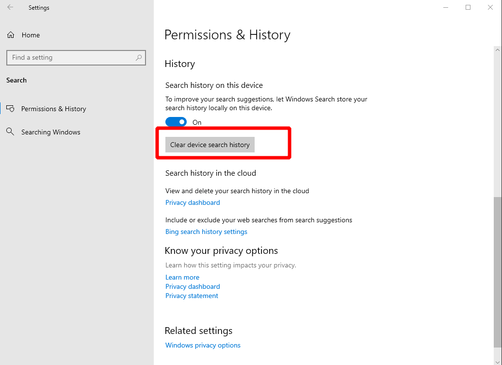 Captura de pantalla de la configuración del historial de búsqueda en Windows 10