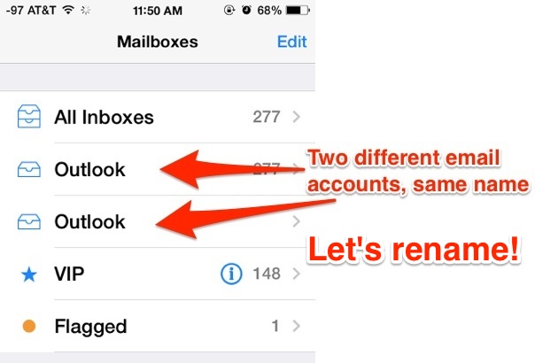 Diferentes cuentas de correo electrónico con el mismo nombre, cambie el nombre de las cuentas de correo electrónico en iOS