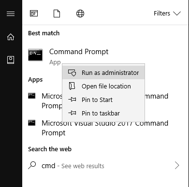 Captura de pantalla del inicio del símbolo del sistema como administrador en Windows 10