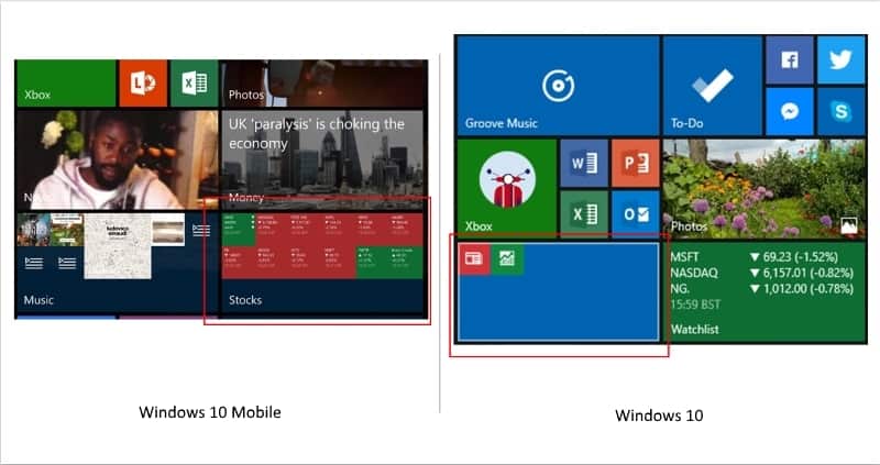 Comparación de Live Folders en Windows 10 y Windows 10 Mobile