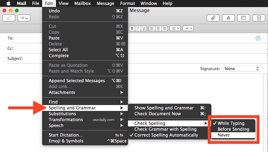 Desactive la revisión ortográfica en la aplicación Correo para Mac OS X.