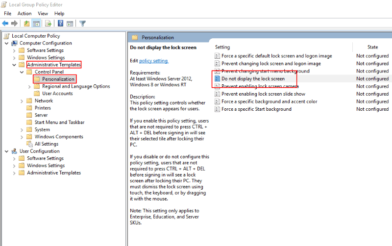 Captura de pantalla de la configuración de la política de grupo de Windows 10 para deshabilitar la pantalla de bloqueo
