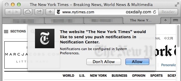 Solicitud de notificación push en Safari para Mac OS X.