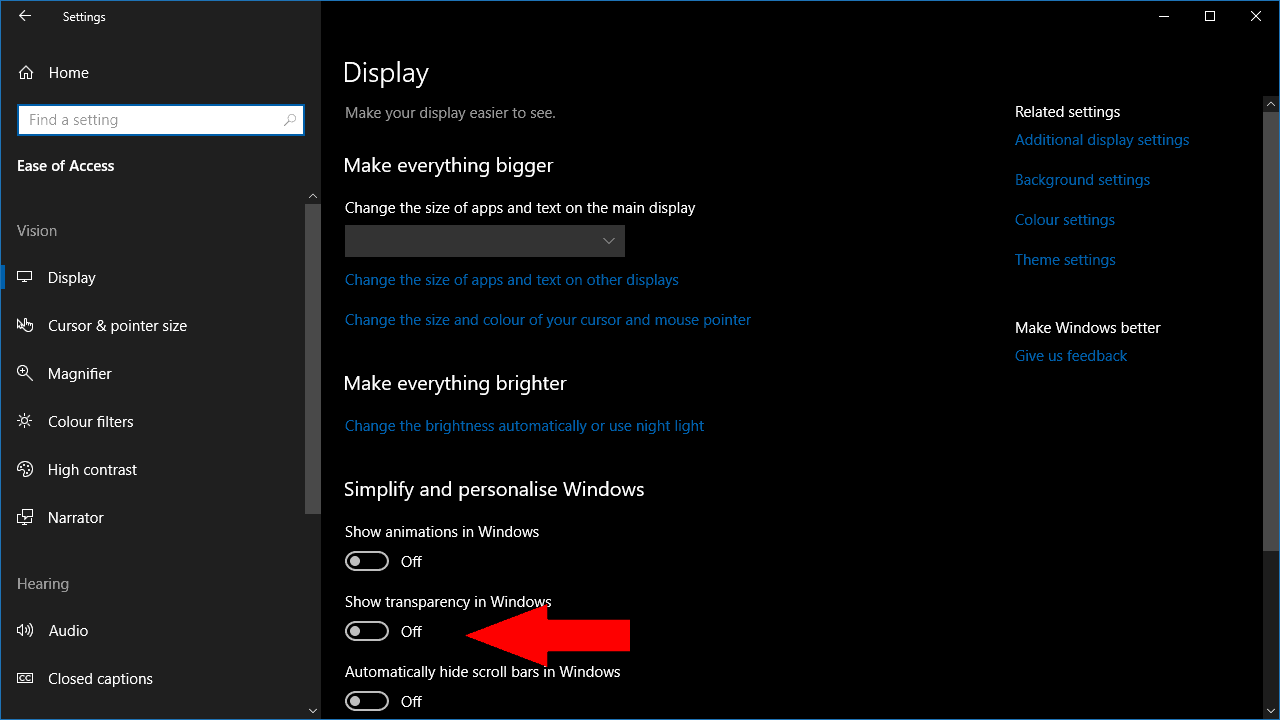 Captura de pantalla para deshabilitar la transparencia de Fluent Design en Windows 10