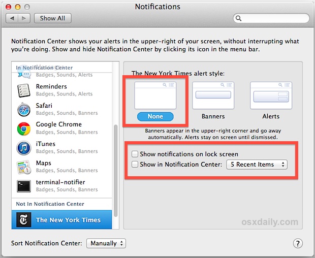 Deshabilite las notificaciones del sitio web en OS X.