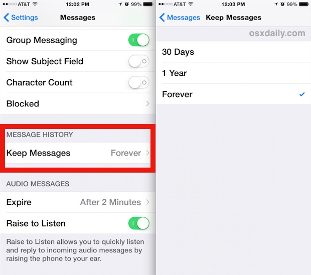 Elimina automáticamente los mensajes antiguos de iOS