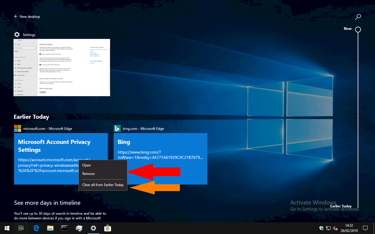 Eliminar elementos de la línea de tiempo de Windows 10
