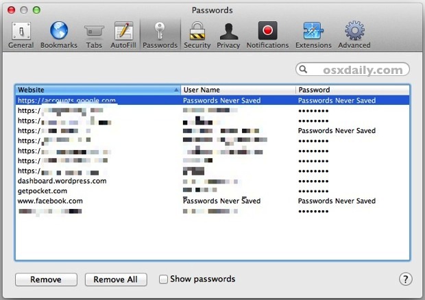 Elimina las contraseñas almacenadas en Safari para Mac OS X.