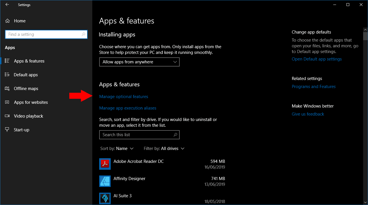 Administrar funciones opcionales en Windows 10