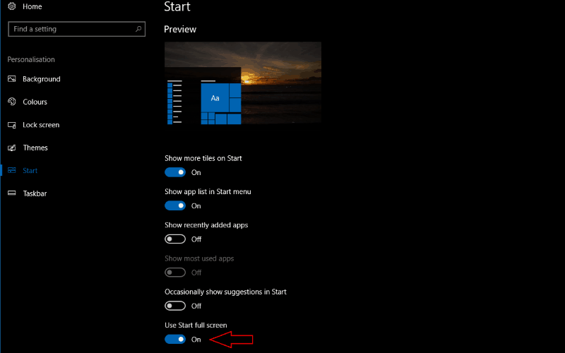 Captura de pantalla de Windows 10 Use Start full screen alternar