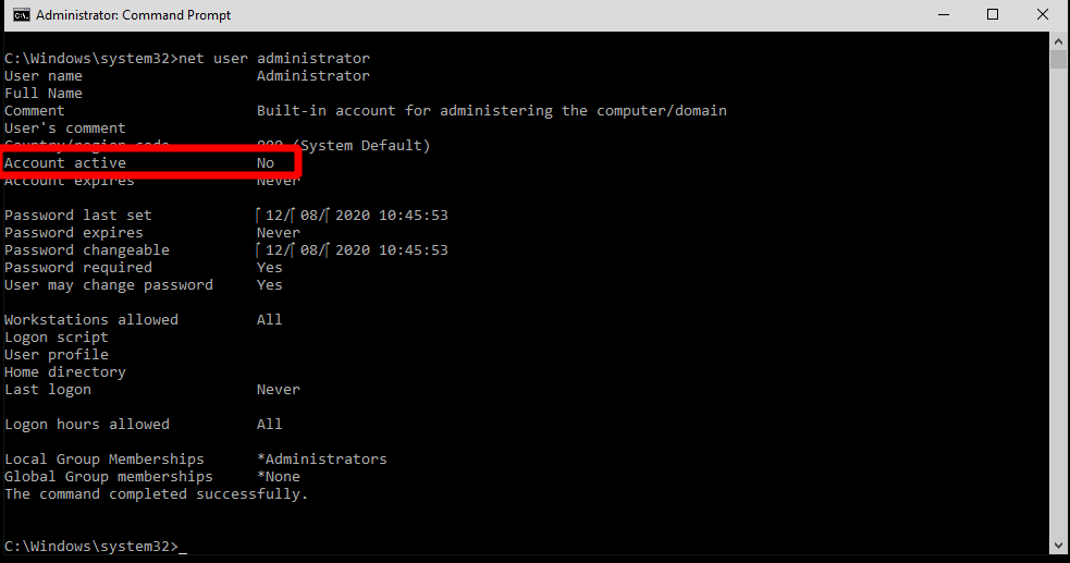 Habilitación de la cuenta de administrador predeterminada en Windows 10