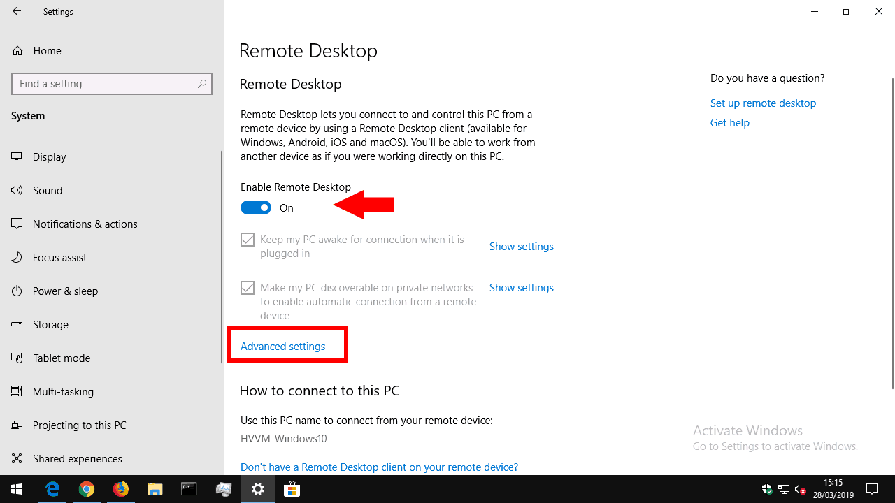 Configuración de escritorio remoto en Windows 10