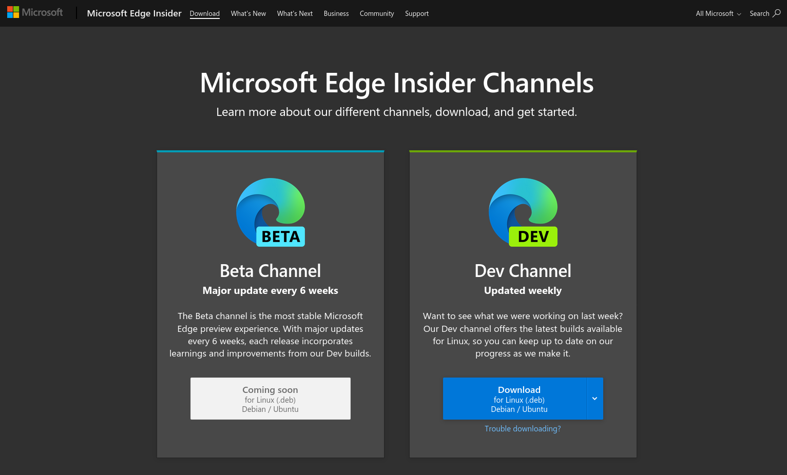 Captura de pantalla de los enlaces de descarga de Microsoft Edge Linux