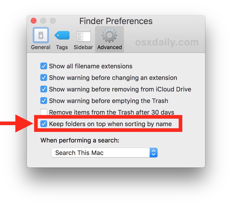 Mantenga las carpetas en la parte superior cuando las ordene por nombre en la lista de Mac Finder