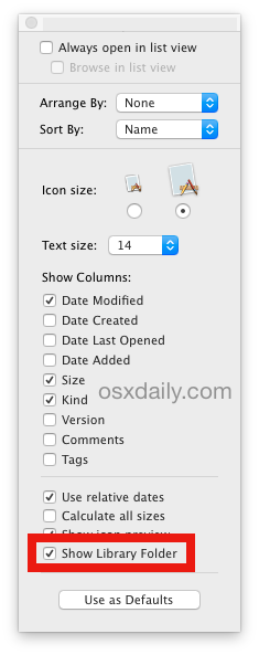 La opción Mostrar configuración de biblioteca de usuario en OS X