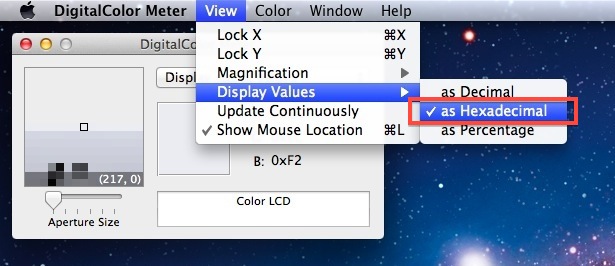 Obtenga valores hexadecimales en Digital Color Meter para Mac OS X.