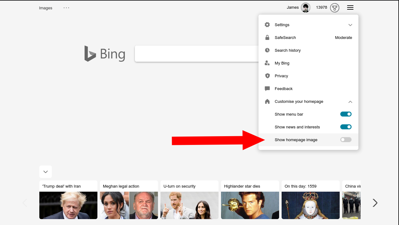 Captura de pantalla para deshabilitar la imagen de la página de inicio de Bing