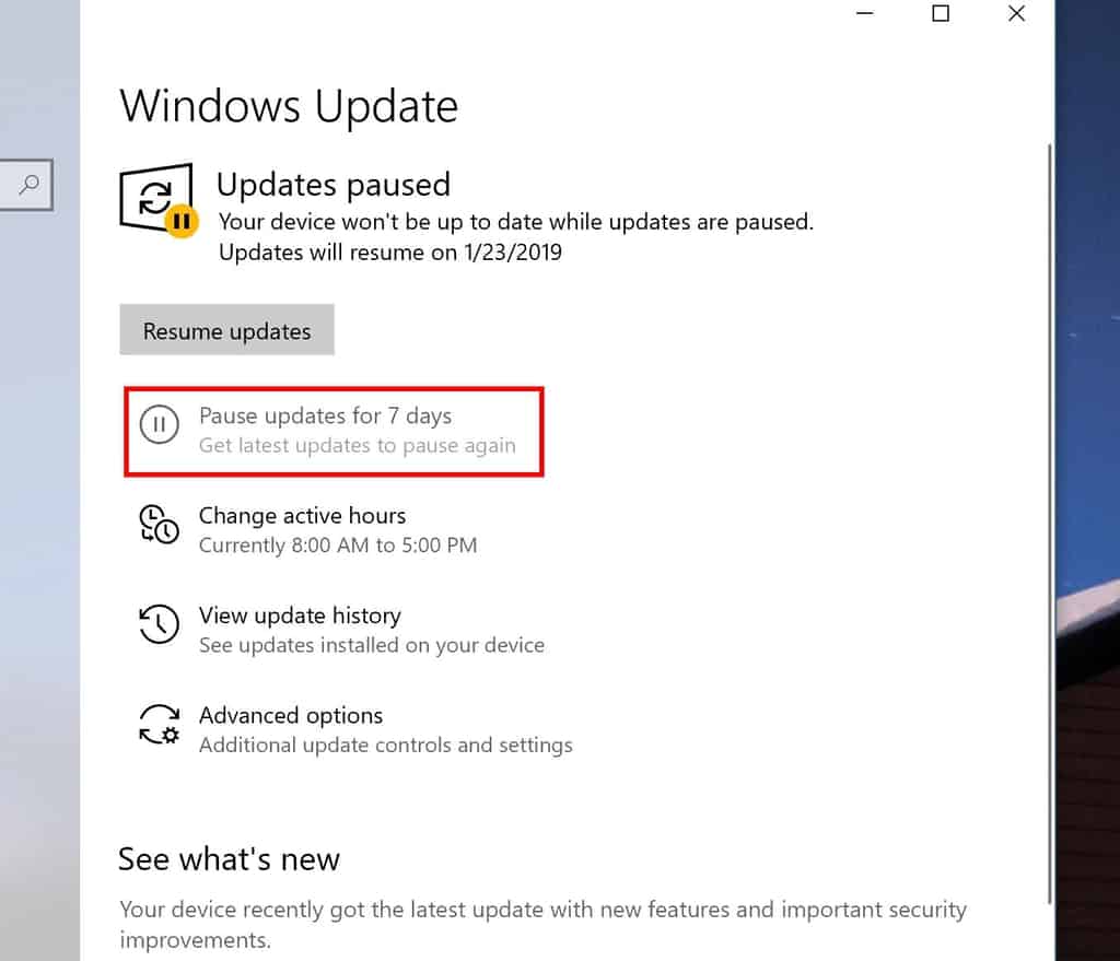 Pausar actualizaciones en Windows 10 19H1
