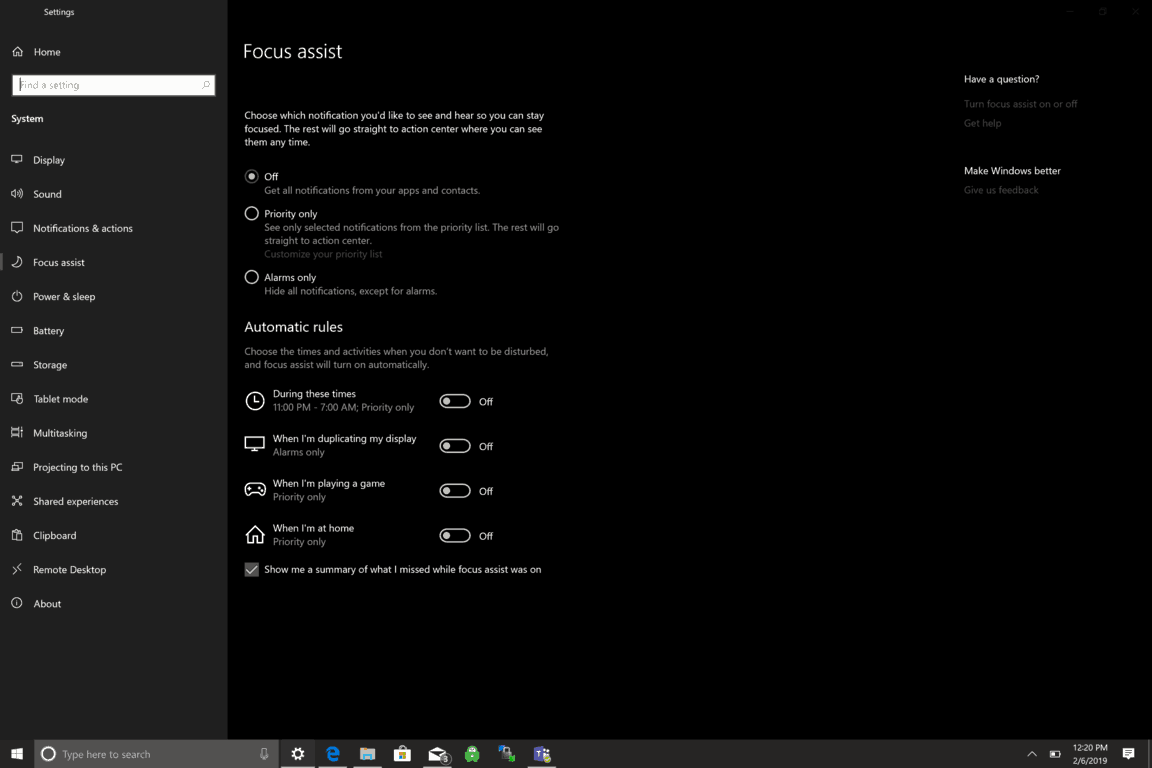 Microsoft, Windows 10, Focus Assist, Configuración