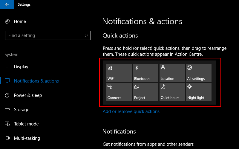 Captura de pantalla que muestra la configuración de Quick Toggles de Windows 10