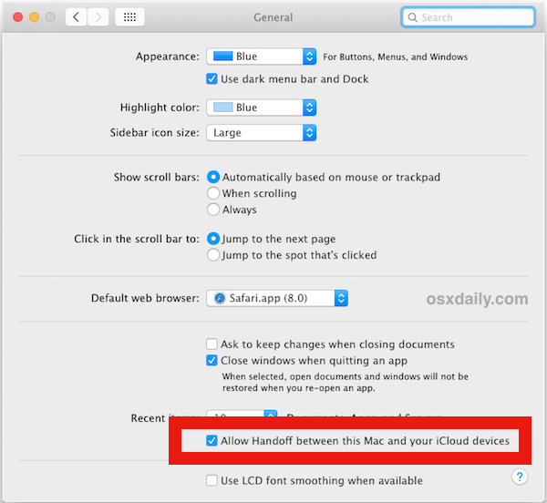 Habilite Handoff en Mac OS X.