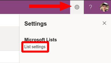 Captura de pantalla que muestra la configuración de las listas de Microsoft