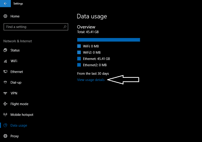 Captura de pantalla de la pantalla de uso de datos de Windows 10