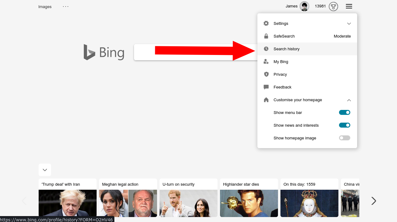 Historial de búsqueda en el menú de Bing
