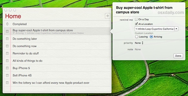 Configure recordatorios basados ​​en la ubicación en Mac OS X.