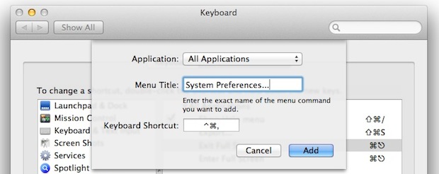 Método abreviado de teclado de Preferencias del sistema en Mac OS X.