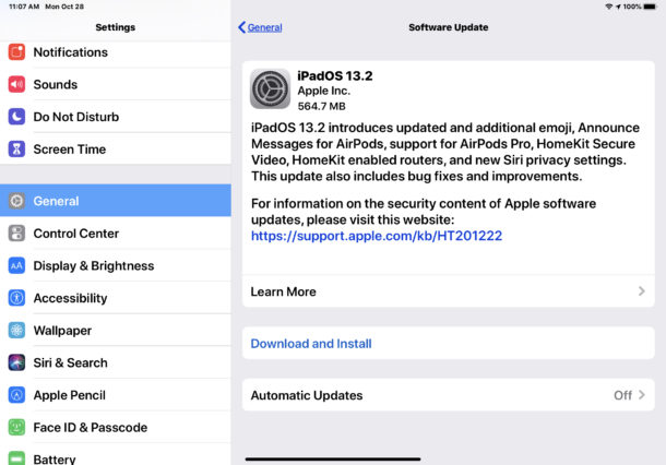 Descargar la actualización iPadOS 13.2