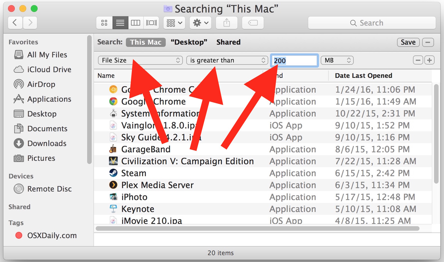 Encuentre archivos grandes en Mac OS X con la función de búsqueda