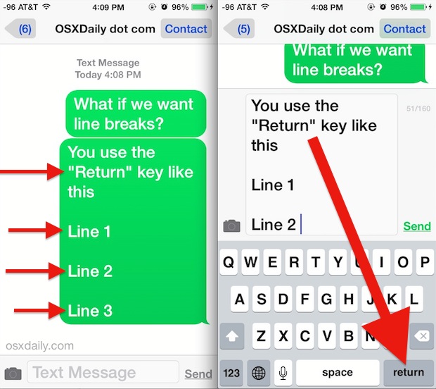 Escriba un salto de línea en la aplicación Mensajes para iOS