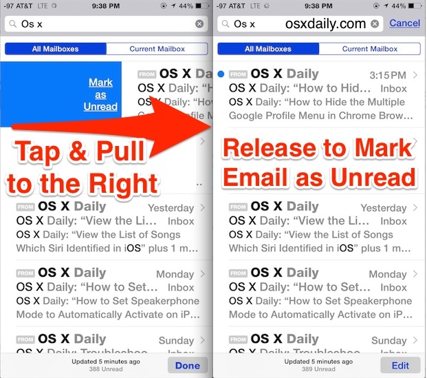 Marque rápidamente el correo electrónico como un gesto no leído en iOS Mail