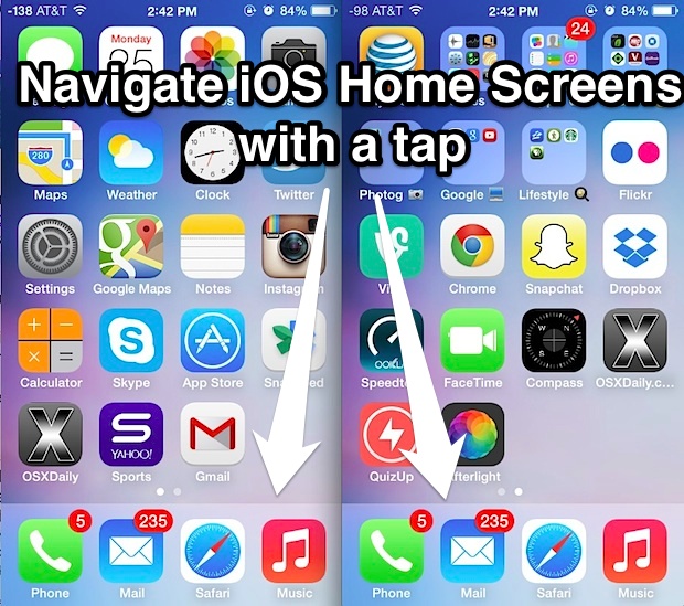 Toque la pantalla para cambiar entre las pantallas de inicio de iOS