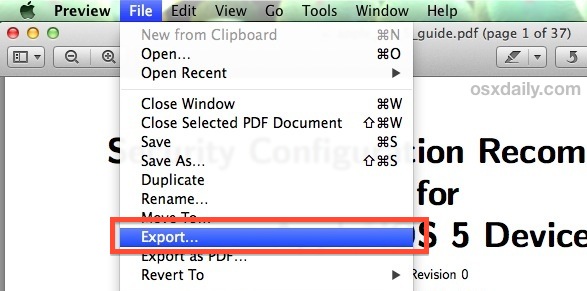 Exporte un PDF para comprimir el tamaño del archivo en la aplicación Vista previa para Mac OS X.