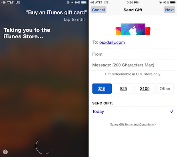 Compre su tarjeta de regalo de iTunes de Siri