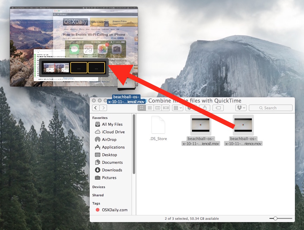 Arrastra y suelta para combinar archivos de películas en Mac OS X con QuickTime