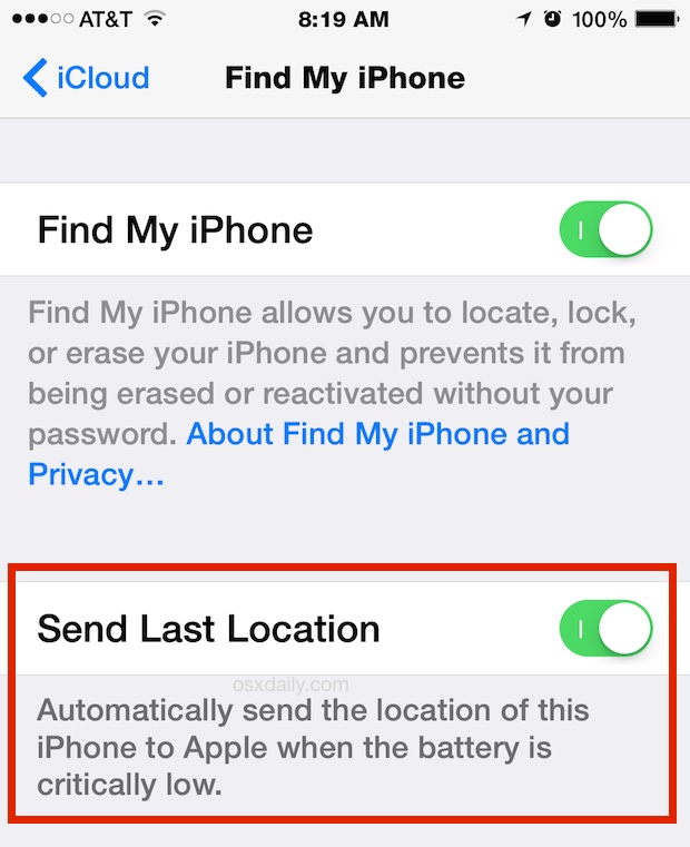 Envíe la última ubicación y busque la configuración del iPhone