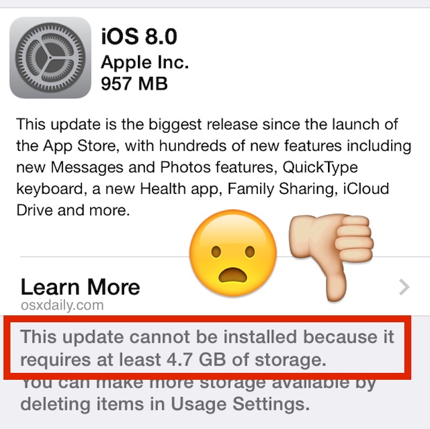 No se puede instalar iOS 8 porque no hay suficiente espacio de almacenamiento libre