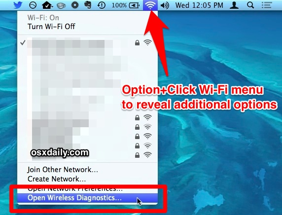 Opción: haga clic en el menú Wi-Fi para acceder a la herramienta de diagnóstico inalámbrico en Mac OS X.