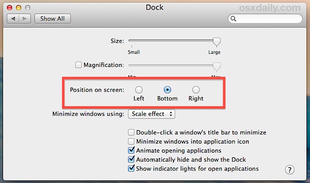 Cambie la posición de acoplamiento en Mac OS X.