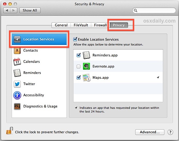Vea y controle qué aplicaciones usan datos de ubicación en Mac OS X. 