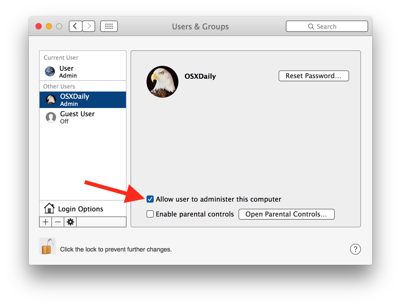 Otorgue acceso de administrador estándar a la cuenta de usuario en Mac OS X.