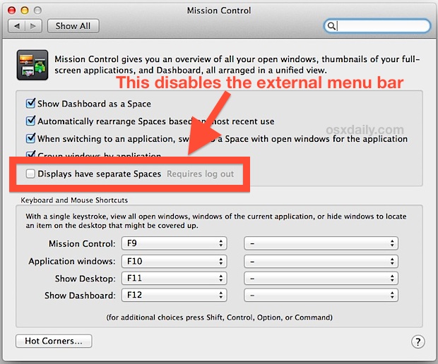 Oculte la barra de menú de las pantallas externas en Mac OS X.