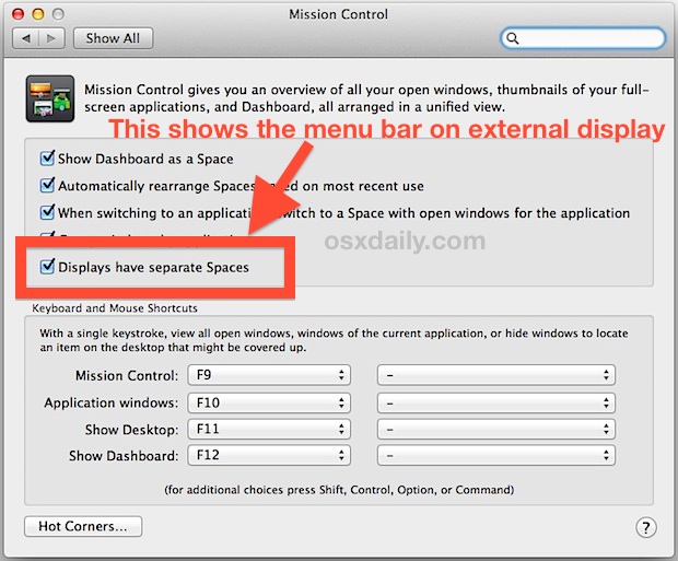 Muestre la barra de menú en pantallas externas en Mac OS X.