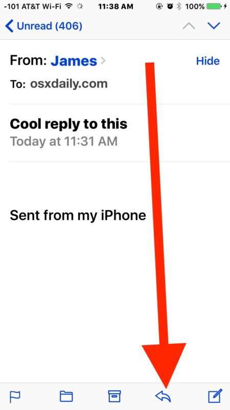 Toque el botón Responder para responder a un correo electrónico en iOS