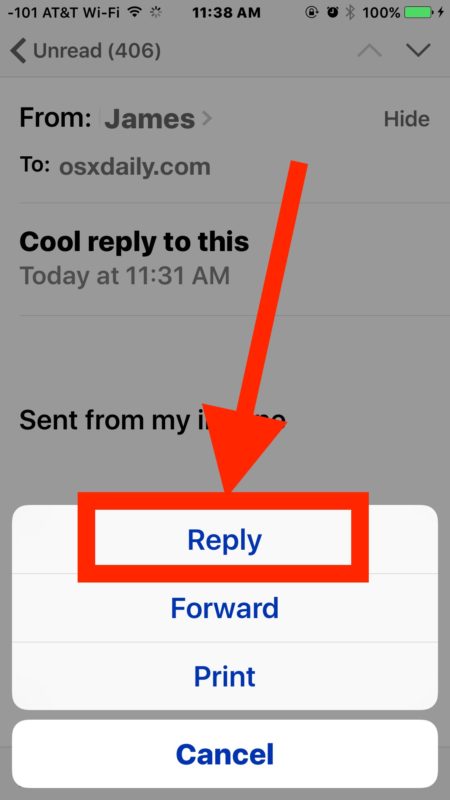 Elija la opción RESPONDER para responder a un correo electrónico en su iPhone