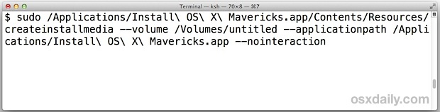 Terminal de comandos para crear un instalador de OS X Mavericks